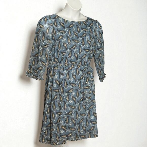 MARELLA Dresses & Skirts - Marella Iser Paisley Print Belted Dress Sz 6 Blue Metallic Boat Neck Half Sleeve